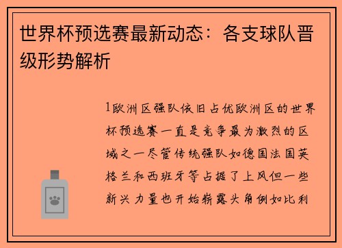 世界杯预选赛最新动态：各支球队晋级形势解析